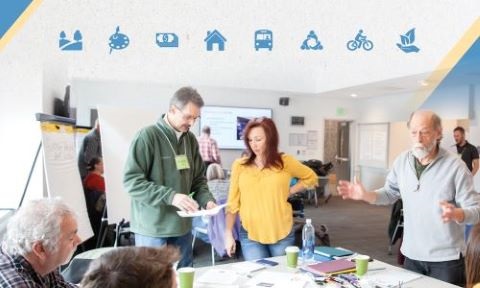 People around a table having a discussion with boards and commissions-related icons above.