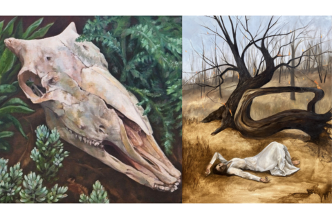 two paintings; one depicting an animal skull and one depicting a woman lying in a barren woods