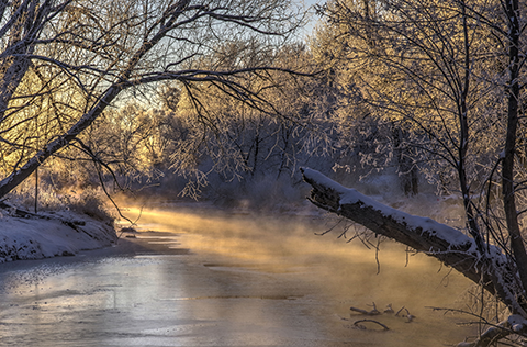 Foggy stream with snow covered banks showing the warm glow of the sun rising in the steam above the water.