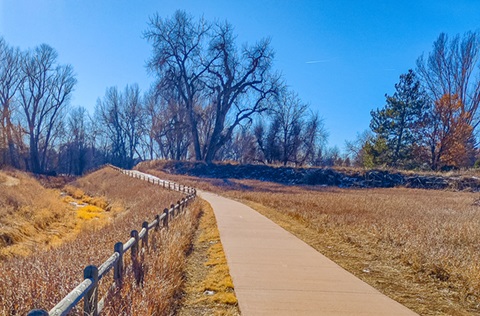 Paved path along a wooden fence in Fischer Natural Area.