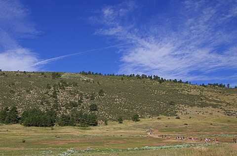 Trail winding towards a large hill in Maxwell Natural Area.