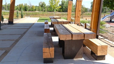 Two picnic tables underneath a covered pavilion