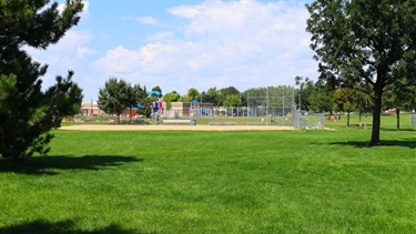 An open green field in front of ball fields at a park
