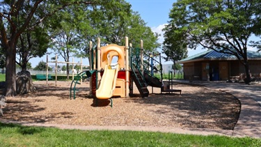 A park playground with a slide and lots of tree coverage