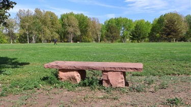 A bench looking out over a large green space
