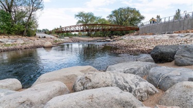 Rocks at the edge of the Poudre River with a bridge in the background