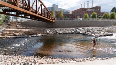 A woman walks through the Poudre River