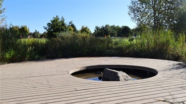 A rock sculpture inset in wood paneling at a park