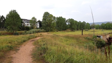 A dirt trail running along an open prairie with mountain views