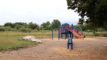 A playground with a slide in a field of woodchips surrounded by trees