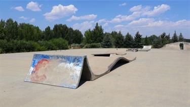 A jump at a skate park with trees in the backdrop