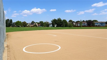 A ball field in a park on a sunny day