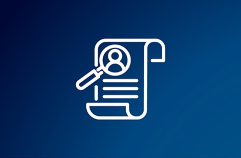 Icon of a paper with magnifying glass on a blue background.