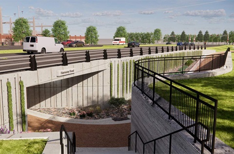 artist rendering of a trail underpass beneath Harmony Road