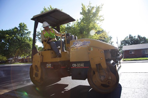 Paving equipment on a Fort Collins street