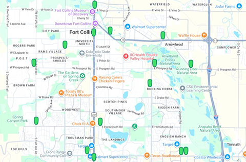 Browser map indicating 15 camera locations