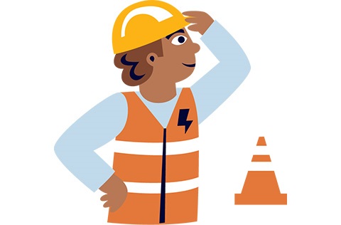 An illustrated person with a hard hat and work vest looking outward with a hand on their head