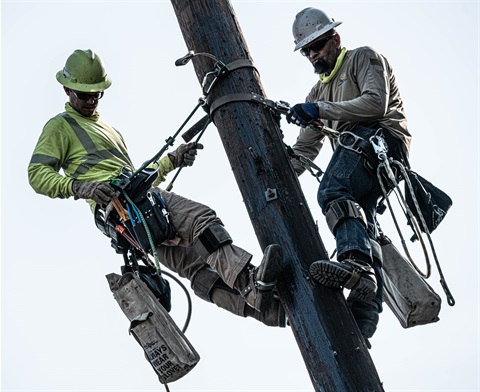 Two utility workers wearing safety gear and helmets are secured with harnesses while climbing a wooden utility pole. They are using climbing spikes and safety ropes, with tool belts and equipment hanging from their waists. One worker is wearing a green high-visibility shirt, and the other is in a tan shirt and jeans. The image captures a moment of teamwork and focus in a high-risk job environment