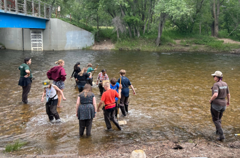 Children wear rubber wading boots and use nets to capture macro invertabrets in the Poudre River.