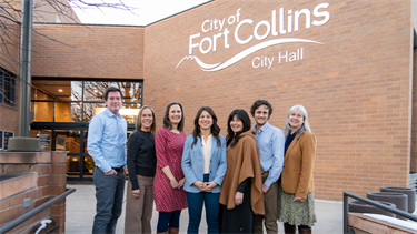 Portrait of Councilmembers in row in front of City Hall.