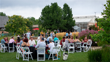 people seated at white tables and chairs in garden