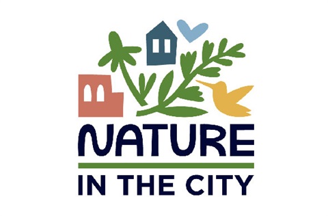 City of Fort Collins Nature in the City Logo featuring the text under cute illustrations of plants, houses, a hummingbird and a heart in joyful green, red, blues and yellow.