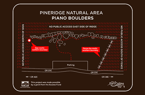 Sign of boundary around the Pineridge Natural Area piano boulders climbing zone.