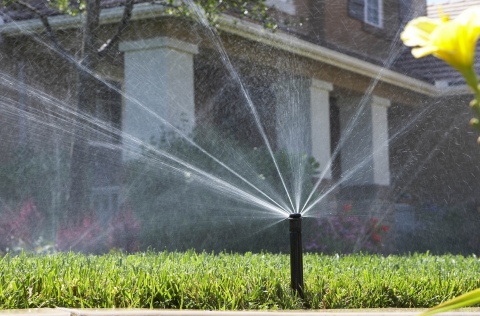 A sprinkler sprays a grass lawn in front of a single family home.